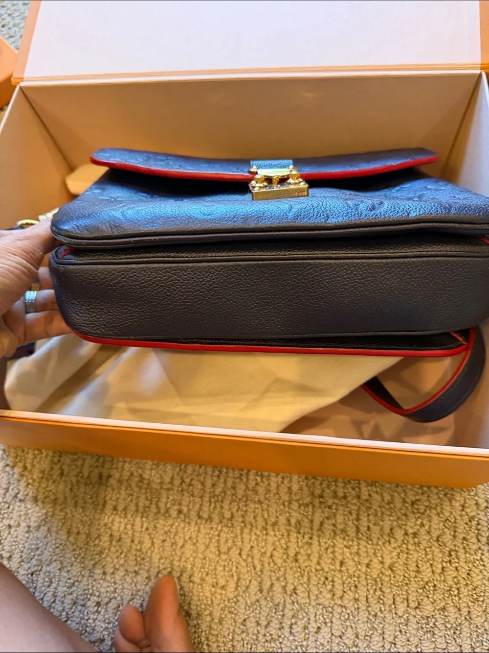 Louis Vuitton Black Embossed Monogram Messenger Bag with Red Trim
